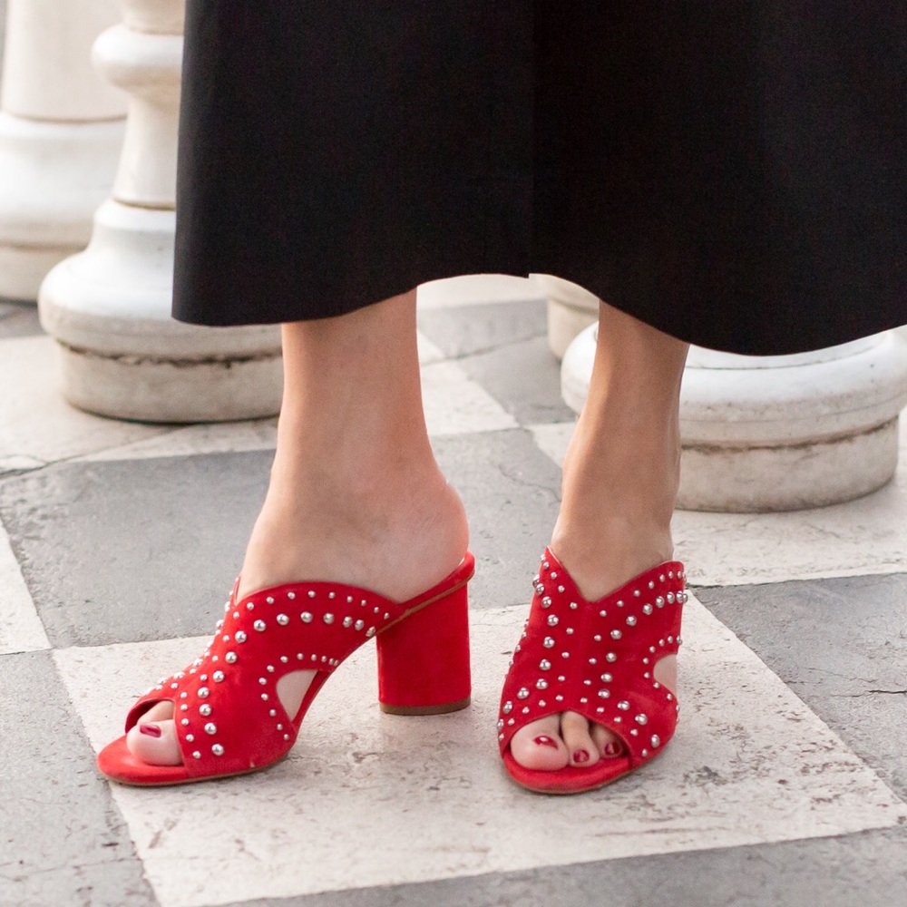Vince Camuto red suede studded Jorlyn mule sandal